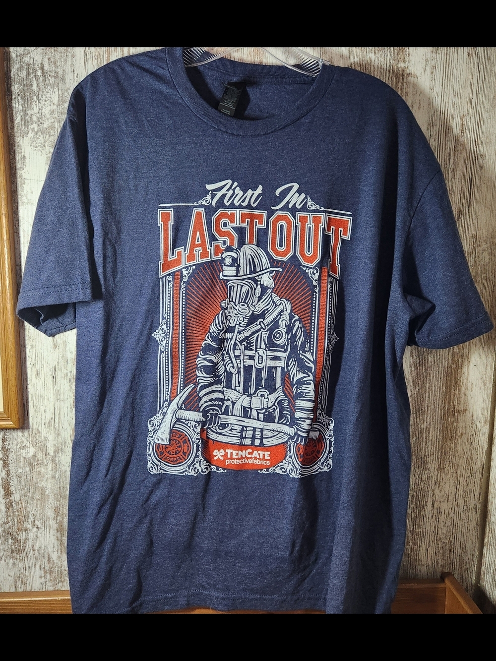 Navy Blue Graphic Firefighter T-Shirt Tencate First In Last Out Fire Rescue Dept